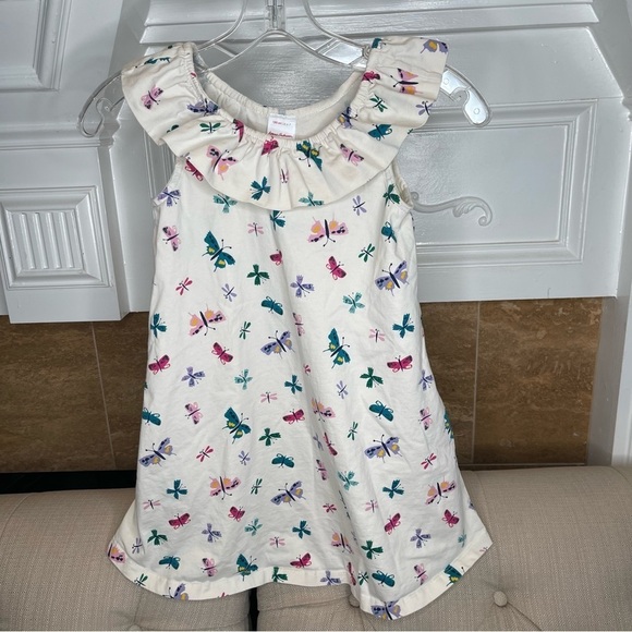 Bc: HANNA ANDERSSON RUFFLE NECK SWING CREAM DRESS ECRU BUTTERFLIES Sz 6-7_120cm - Picture 1 of 9